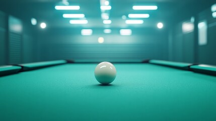 Solitary pool ball awaits its turn on the billiards table