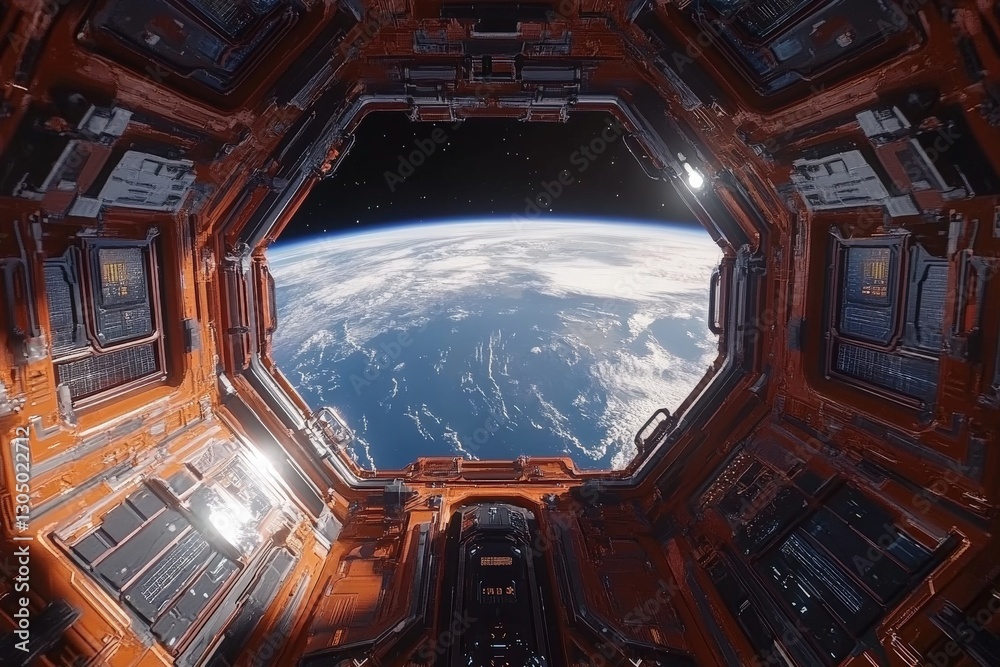 Poster incredible view of earth from a futuristic space station with intricate interior design during dayli