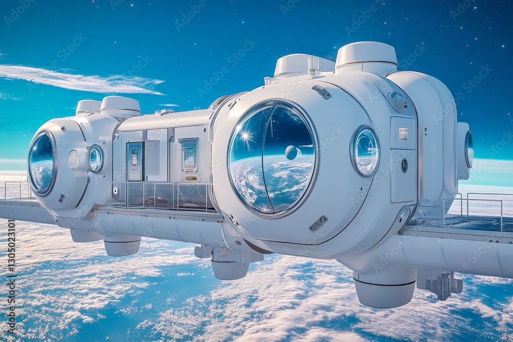 Poster space station orbiting earth showcases futuristic design and panoramic views through large windows