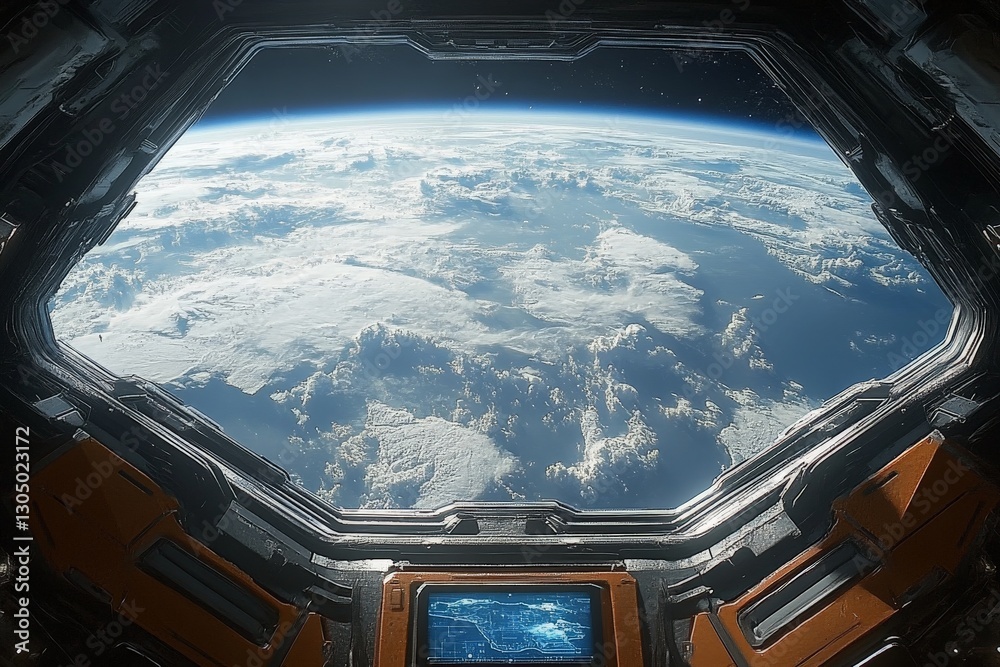 Poster View of Earth from a space station window showcasing clouds and the curvature of the planet during daylight hours