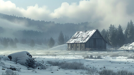 A rustic barn isolated on a snowy landscape with a misty background  © shoaib