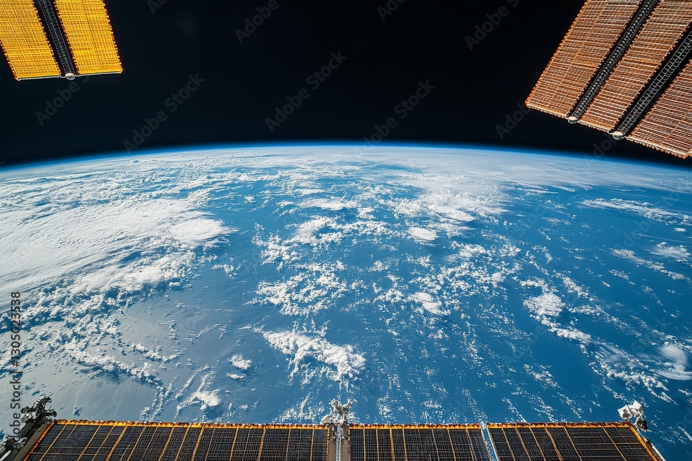 Poster view of earth from space station showcasing clouds and ocean at dawn