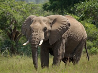 Fototapeta premium African Elephant in Natural Habitat: Majestic Wildlife Photography on African Savannah – Endangered Species Conservation in Serene Wilderness and Ecosystem Biodiversity
