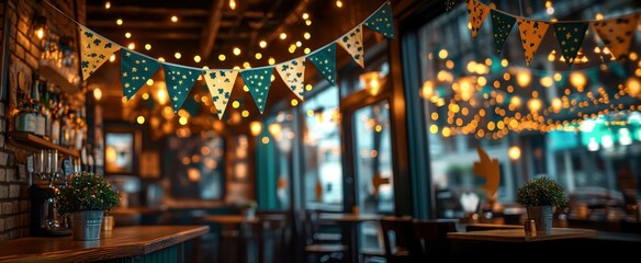 Fototapeta premium Happy St. Patrick's Day Blurred Background of pub bar restaurant, a triangular bunting with alternating green and gold flags, strung across a cozy Irish pub interior, warm and celebratory