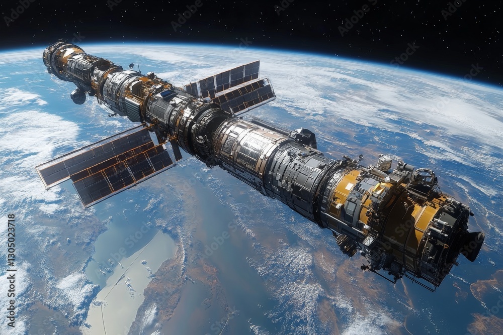 Poster Advanced space station orbits Earth, showcasing intricate design and technology in the vastness of outer space