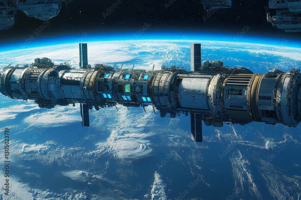 Aufkleber Spaceship docking in low Earth orbit with a stunning view of planet Earth and its atmosphere