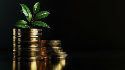 A symbolic representation of growth and prosperity, featuring a small plant emerging from a stack of golden coins, highlighting the connection between nature and financial success.