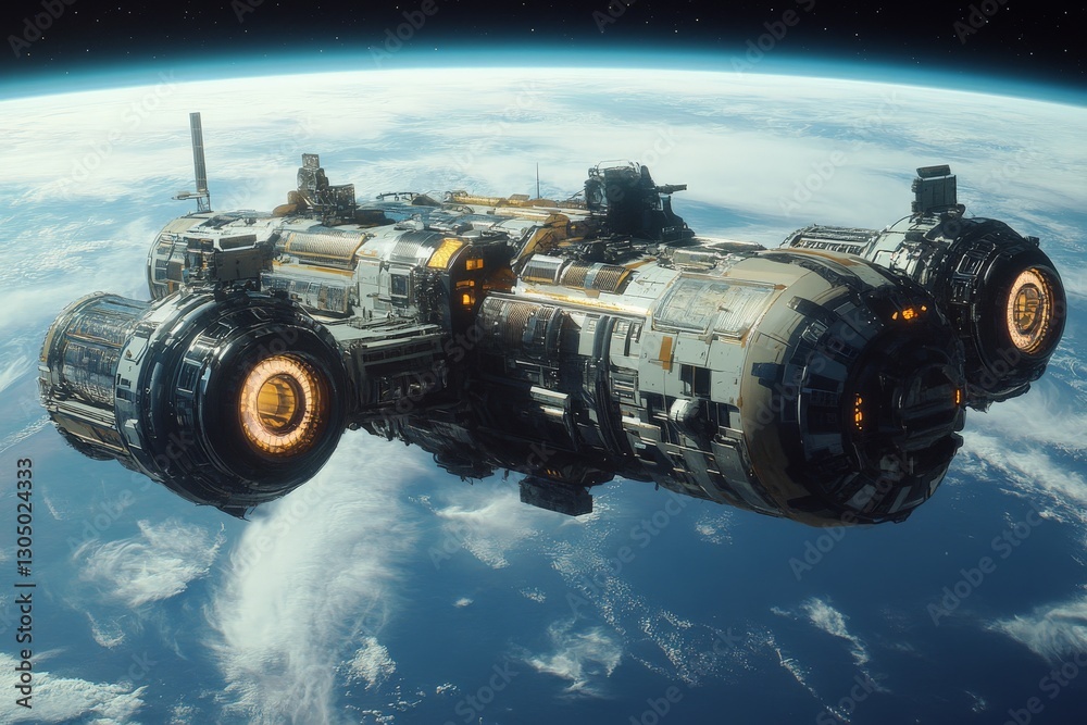 Aufkleber futuristic spacecraft in low earth orbit showcasing advanced technology and intricate design details