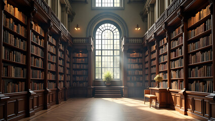 Classic library border with towering bookshelves and ladders for International Literacy Day copy space concept as Classic library inspired frame with towering bookshelves ladders offering scholarly sp