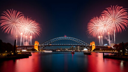 Obraz premium Iconic Sydney Harbour Bridge Framed by Vibrant Fireworks: Perfect Canada Day Photo Stock Concept