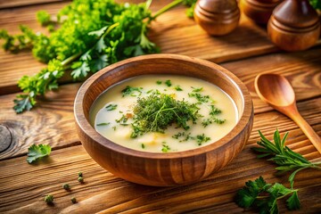 Aerial View: Creamy Soup in Rustic Bowl, Fresh Herbs Garnish