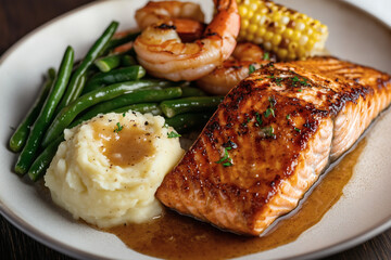 Delicious Salmon and Shrimp Dinner Plated