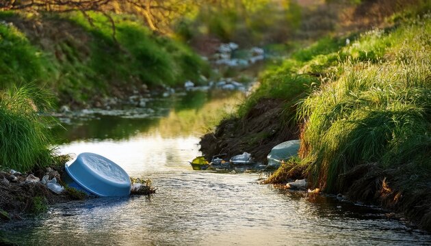 Sunlight reflects off a polluted stream where waste and debris accumulate among lush grass.
