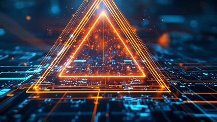 Illuminated Digital Triangle: A glowing, digital, triangular frame, illuminating an intricate technological circuit board, suggestive of innovation. - Powered by Adobe