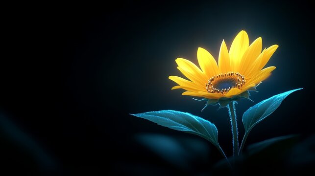 Vibrant unflower blossom with lush green leaves on  contrasting black backdrop