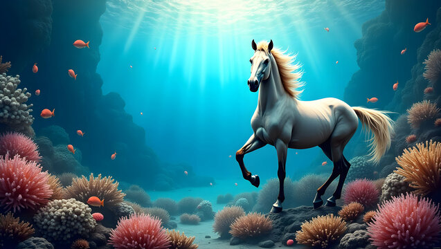 Sea Horse and Coral Border Frame with Copy Space for World Wildlife Day: Celebrating Marine Biodiversity with Stunning Photo Stock Elements and Empty Space for Your Message