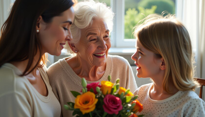 Three generations of women sharing a moment with flowers