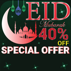 Eid mubarak 40 percent off special offer banner with dark green background and crescent with mosque
