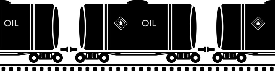 Silhouette of an oil tank on the railway tracks. Icons of freight cars for transporting petroleum products.