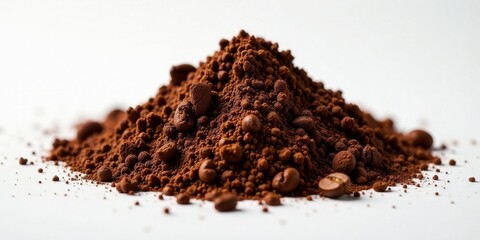 Aromatic Ground Coffee Beans and Powder Pile Isolated on White Background