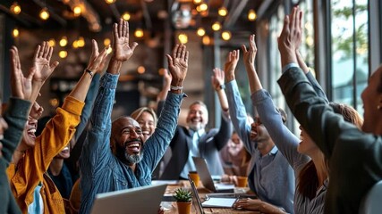 Joyful Team Celebration: Diverse team members celebrate a collective achievement with raised hands, exuding excitement and unity in a vibrant office environment.