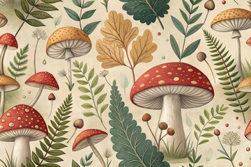 Obraz premium Whimsical Nature Pattern with Mushrooms, Butterflies, and Leaves