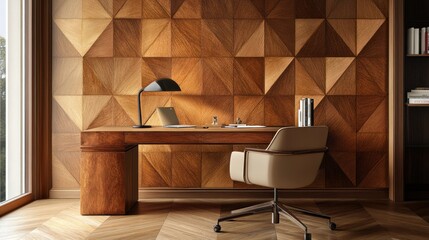 Modern wooden office workspace with geometric wall