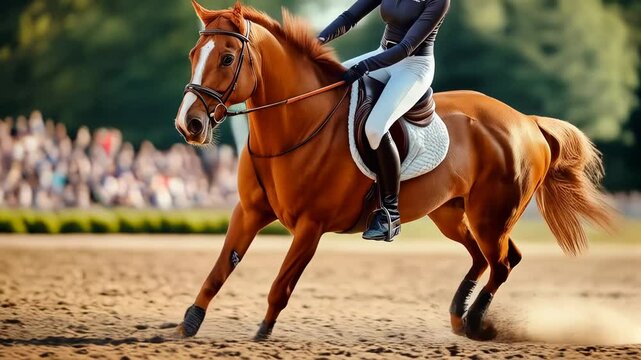 Horse and rider in action performing a jump during an equestrian event at a sunny outdoor arena with cheering spectators in the background