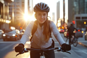 A cheerful young woman on a bicycle enjoying a scenic ride during sunset, capturing the essence of freedom, adventure, and urban lifestyle.