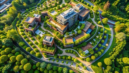 Aerial View of Biophilic Design Complex: Lush Greenery & Textured Architecture