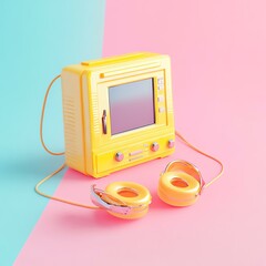 A vintage yellow television set paired with matching headphones, set against a pastel pink and blue background