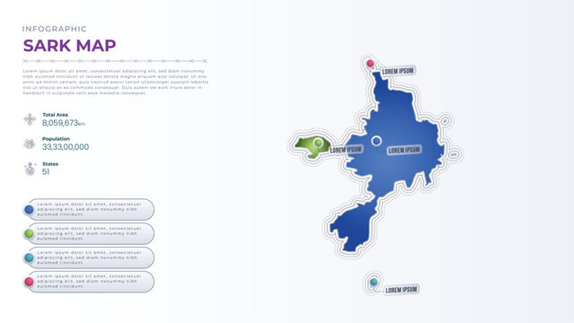 Total Area, Papulation, States & More Detailed Infographic Map of Sark. Sark country map infographic colored vector template with regions and pointer marks.
