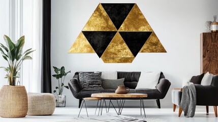 Gold and Black Triangle Wall Art in Modern Living Room