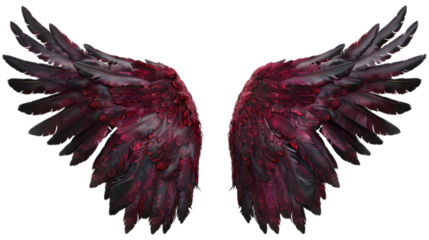 Red angel wings with dark feathers, symbolizing power and mystery. Wings isolated and AI generated.  .