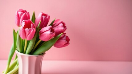 Fototapeta premium A delicate bouquet of pink tulips arranged in a pale pink vase against a soft pink background, creating a serene and romantic springtime scene.