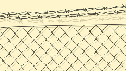 Fototapeta premium A chain-link fence with barbed wire on top, creating a security barrier on a beige background