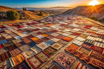 Aerial View of Colorful Turkish Rugs Drying in the Sun, Anatolian Landscape