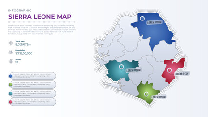 Total Area, Papulation, States & More Detailed Infographic Map of Sierra Leone. Sierra Leone country map infographic colored vector template with regions and pointer marks.
