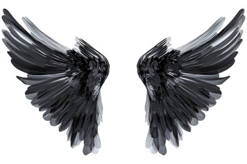 Obraz premium Black metallic wings with reflective feathers, evoking a futuristic and dark fantasy aesthetic. Wings isolated and AI generated. .