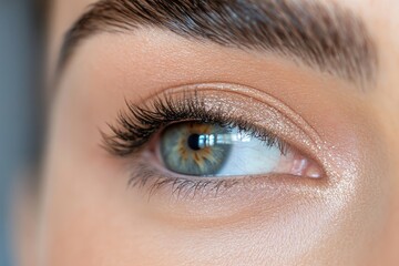 Fototapeta premium This image captures a stunning close-up of a beautiful eye with natural makeup, showcasing long lashes and a captivating gaze that draws the viewer in.