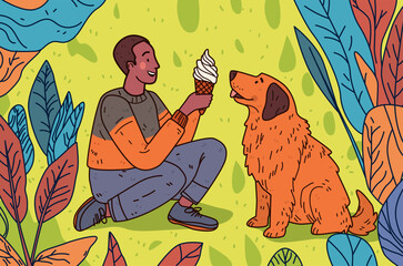 Man offering ice cream to dog playful scene vibrant colors leafy background outdoor setting website design template