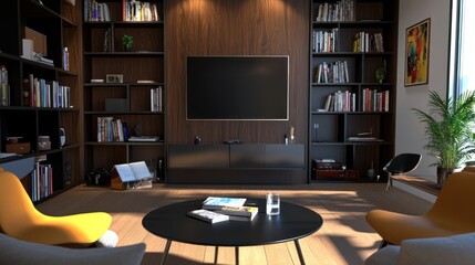 Modern Home Library Room with TV, Sunbeams, and Yellow Chairs