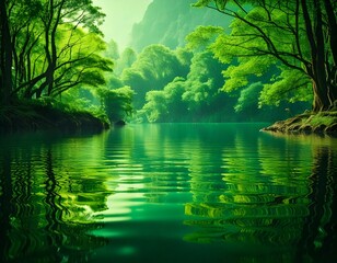 Fototapeta premium 湖面 河 森 新緑 イラスト