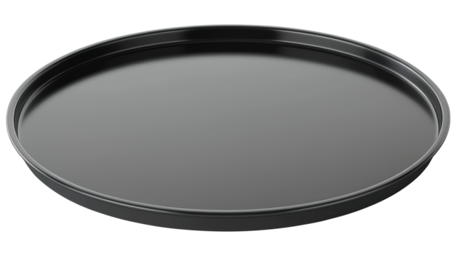 Black round baking tray with a non-stick surface for cooking or serving. Tray isolated and AI generated.  .