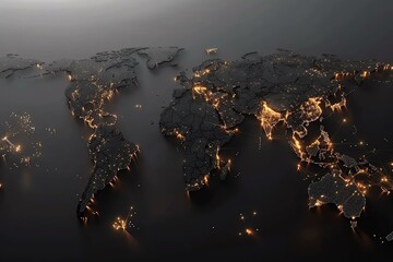 An illuminated world map showcasing major cities and regions in striking detail against a dark backdrop, emphasizing global connectivity and digital advancement.