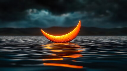 A surreal orange crescent moon floating on water with dark clouds and distant mountains at dusk
