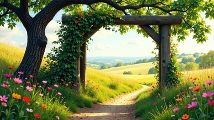Serene Pathway Through a Vibrant Wildflower Meadow, Framed by a Rustic Wooden Archway Under a Lush Green Canopy