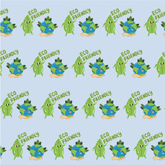 Vector seamless pattern of the Earth. A backdrop replicating Earth day, with the sweet smiling planet kawaii. Eco-friendly digital paper with a globe and a forest. Ecological design for wallpaper, tex