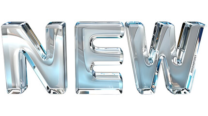 Glass 3D "NEW" text isolated. A transparent, highly reflective typography spelling "NEW," designed with a futuristic glass-like appearance. AI generated. .