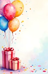 Watercolor background with gifts, ballons.  Birthday card with place for text